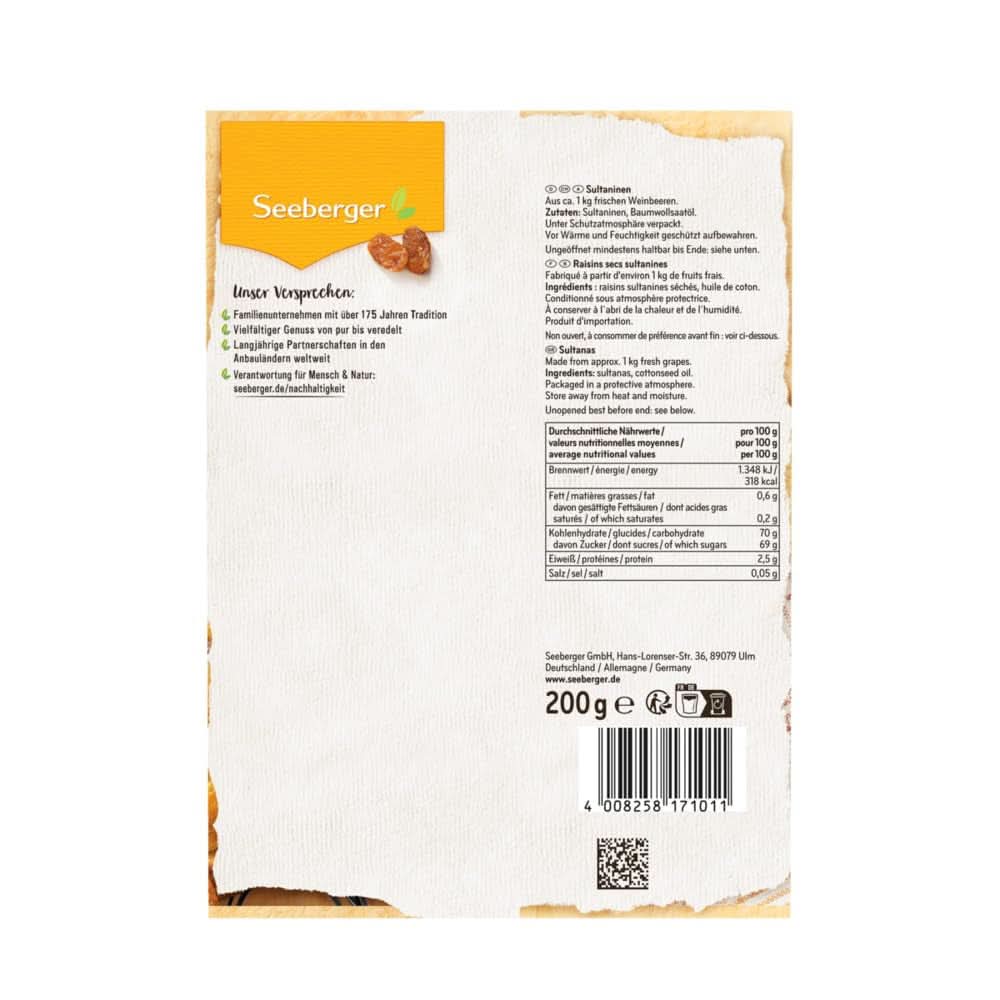 Seeberger Sultanas: Uva sultanina leggera, dolce e fruttata dalla Turchia, conf. 13 x 200 grammi Prodotti secchi Naty Shop
