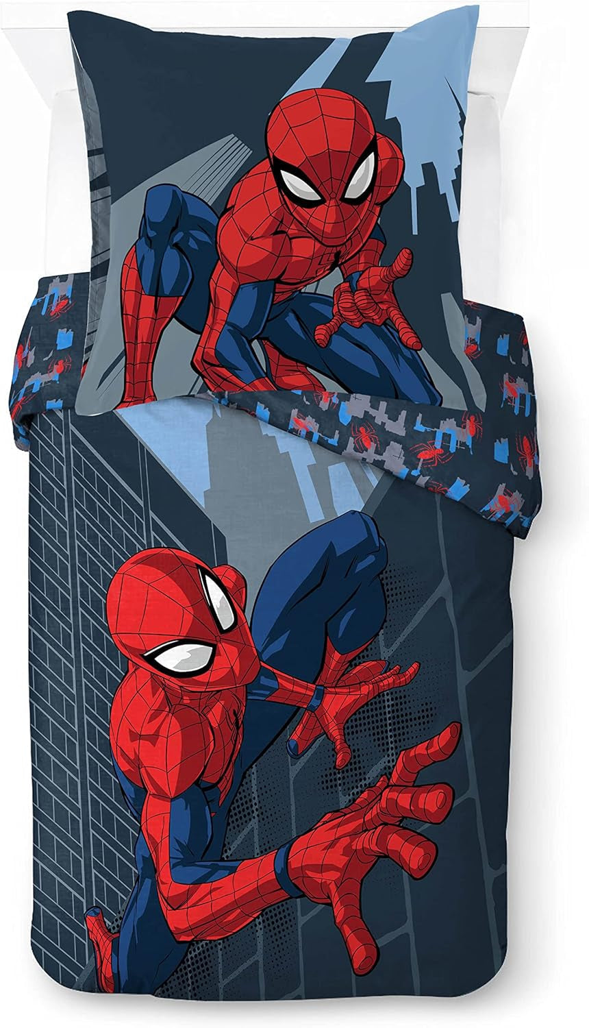 Biancheria letto per bambini, unisex, principesse e supereroi, 100% cotone Biancheria letto - bambini Naty Shop Blu - Spiderman 135X200/80X80 (2 Pezzi)