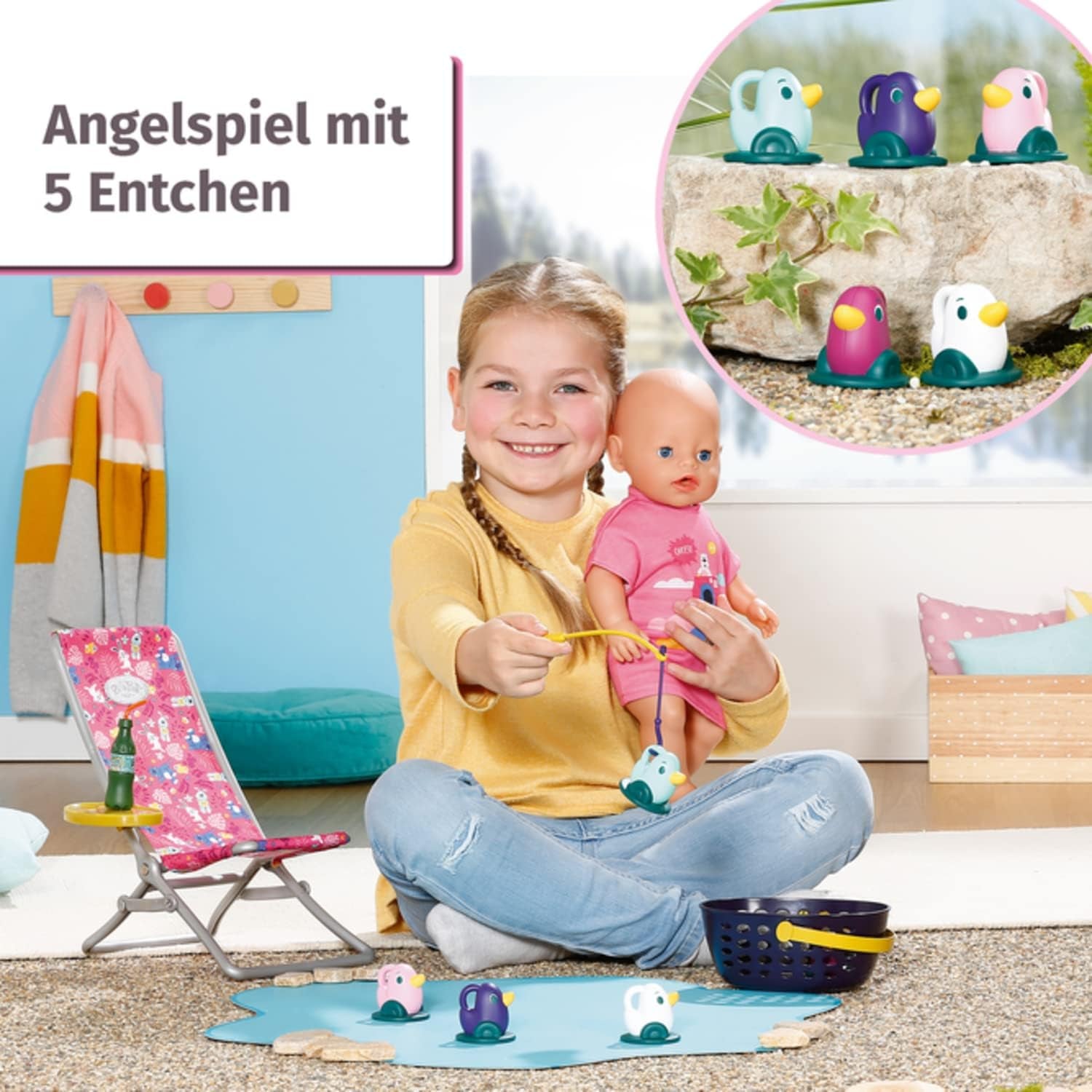 BABY born 832790 Weekend Fishing - Set de accesorii pentru păpuși pentru pescuit cu șezlong cu imprimeu viu, măsuță laterală, sticlă, coșuleț, rățuște și undiță, precum și cămașă lungă roz, Roz