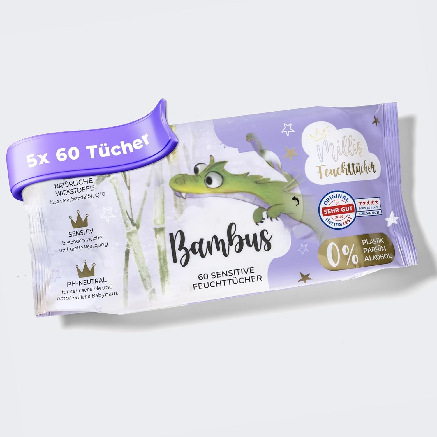 Salviettine umidificate Millis Bamboo Baby Sensitive per la pelle delicata del bambino - 5 x 60 pezzi - Pulizia naturale, delicata e sostenibile - Salviette biodegradabili per neonati, senza plastica e senza alcool