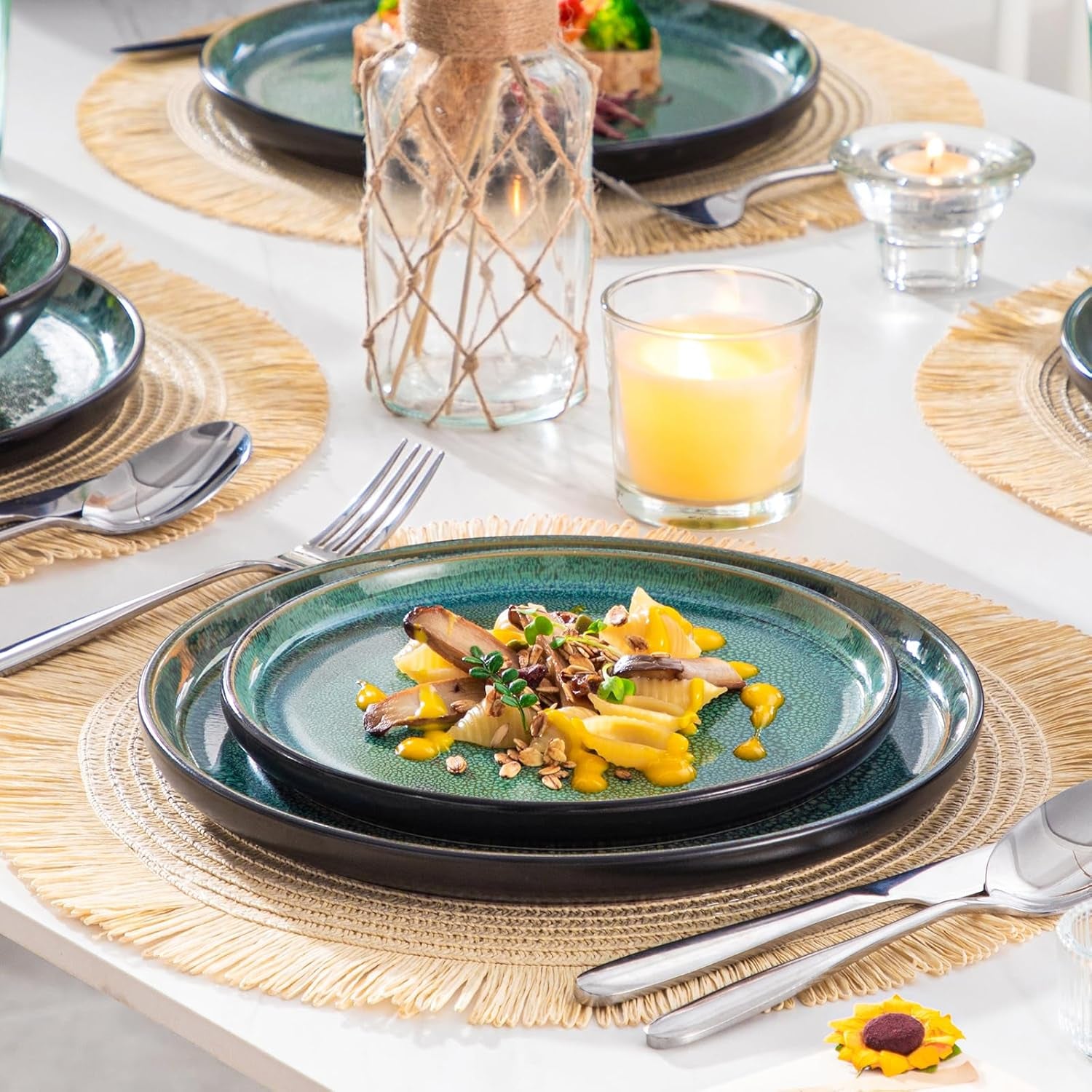 Set de veselă pentru 6 persoane, set de veselă din gresie Vancasso PLAYA, 24 de piese pentru 6 persoane, verde, inclusiv farfurii, farfurii de sumă, boluri și farfurii de salată, potrivit pentru mașina de spălat vase și cuptorul cu microunde