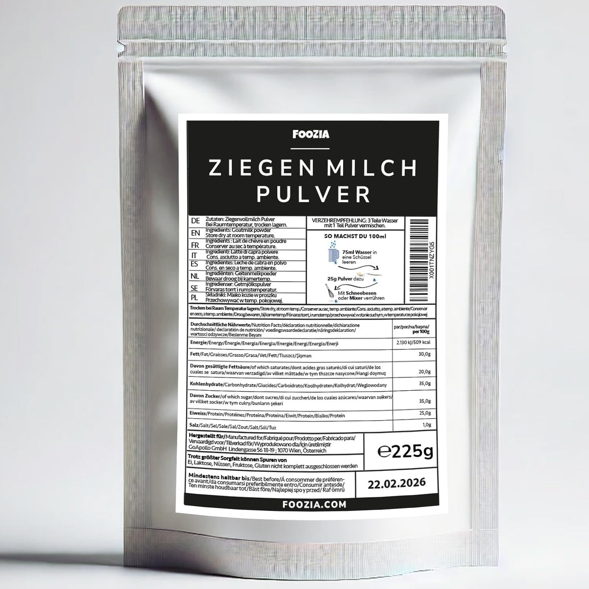 Foozia puro latte di capra in polvere - senza additivi per esseri umani e animali