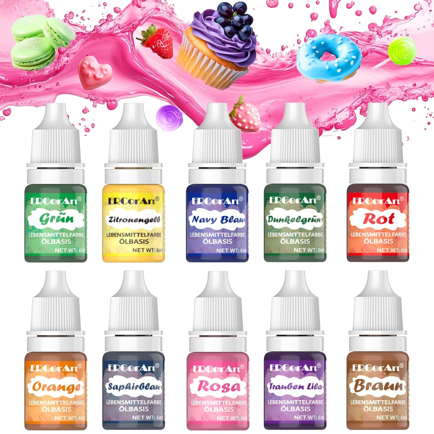 Colorant alimentar liposolubil - Ercorart 10 culori colorant alimentar pe bază de ulei, foarte concentrat, pentru ciocolată, unt de cacao, fudge, prăjitură cu ciocolată, glazură, înghețată etc., 6 ml/bucată