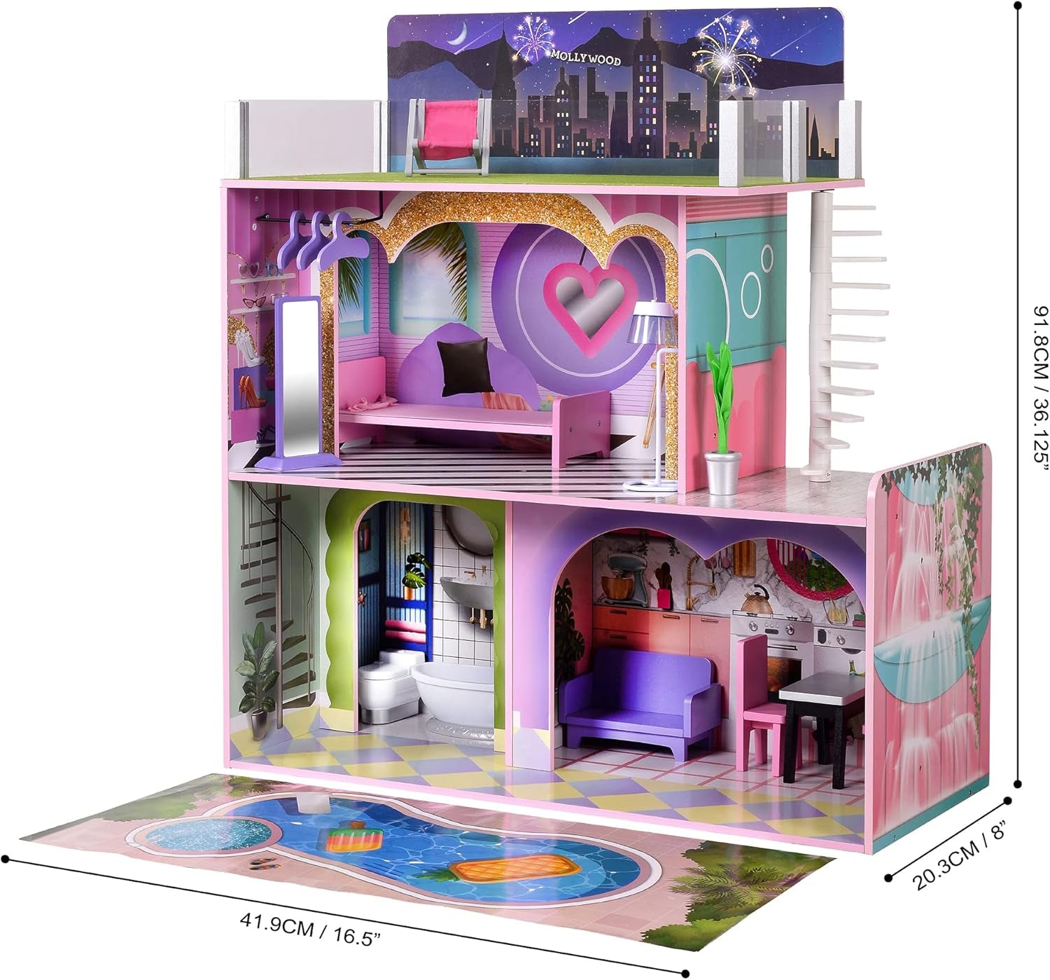 Olivia's Little World Big Dreamland Sunset Contemporary Casa de păpuși interactivă din lemn pentru copii 3 etaje cu 16 accesorii de mobilier pentru păpuși Multi TD-13616A Casute de papusi Naty Shop