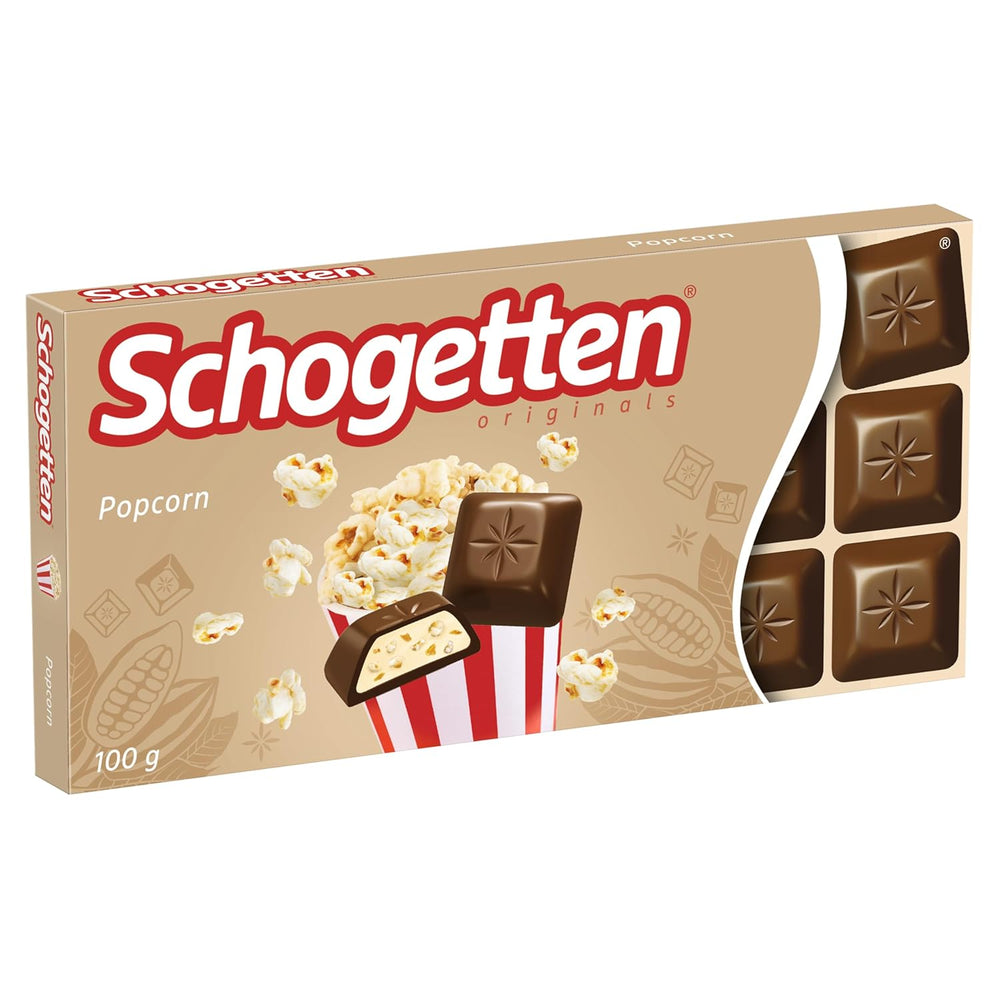 Schogetten Popcorn 1 tavoletta di cioccolato x 100 g, cioccolato al latte con popcorn e pezzi di mais, pratici pezzi singoli. Una prelibatezza. Pezzo per pezzo.