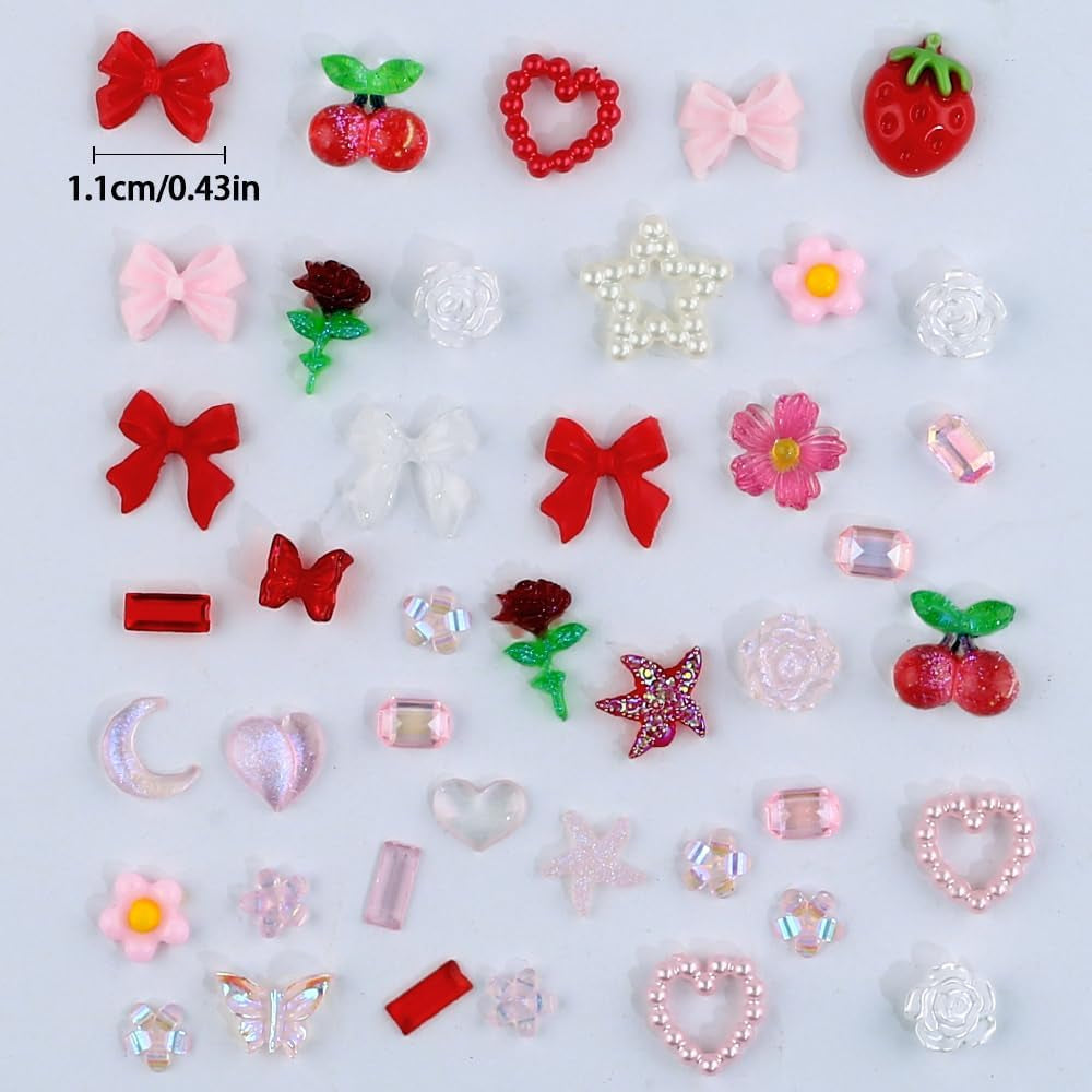 100Pcs 3D Nail Charms Rosa Rot Kirsche Erdbeere Blume Nagel Charms Kamelie Rose Schmetterling Nail Art Charms Flatback Herz Schleife Charms Nägel Zubehör Mond Stern Nagelschmuck Nageldesign Anhänger