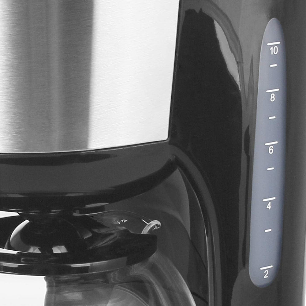 Emerio CME-122933, Cafetieră cu filtru, 1,25 l pentru până la 10 cești de cafea proaspătă, filtru permanent detașabil, funcție anti-picurare, carafă din sticlă, oprire automată, 1000 wați, negru/argintiu