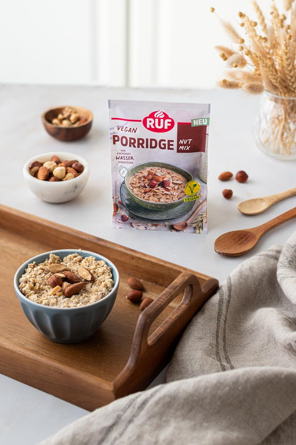 Porridge Vegano RUF con Noci e Avena, fiocchi d'avena con mandorle, nocciole e semi di lino, facile da preparare, nella pratica confezione monoporzione, 1 x 60 g