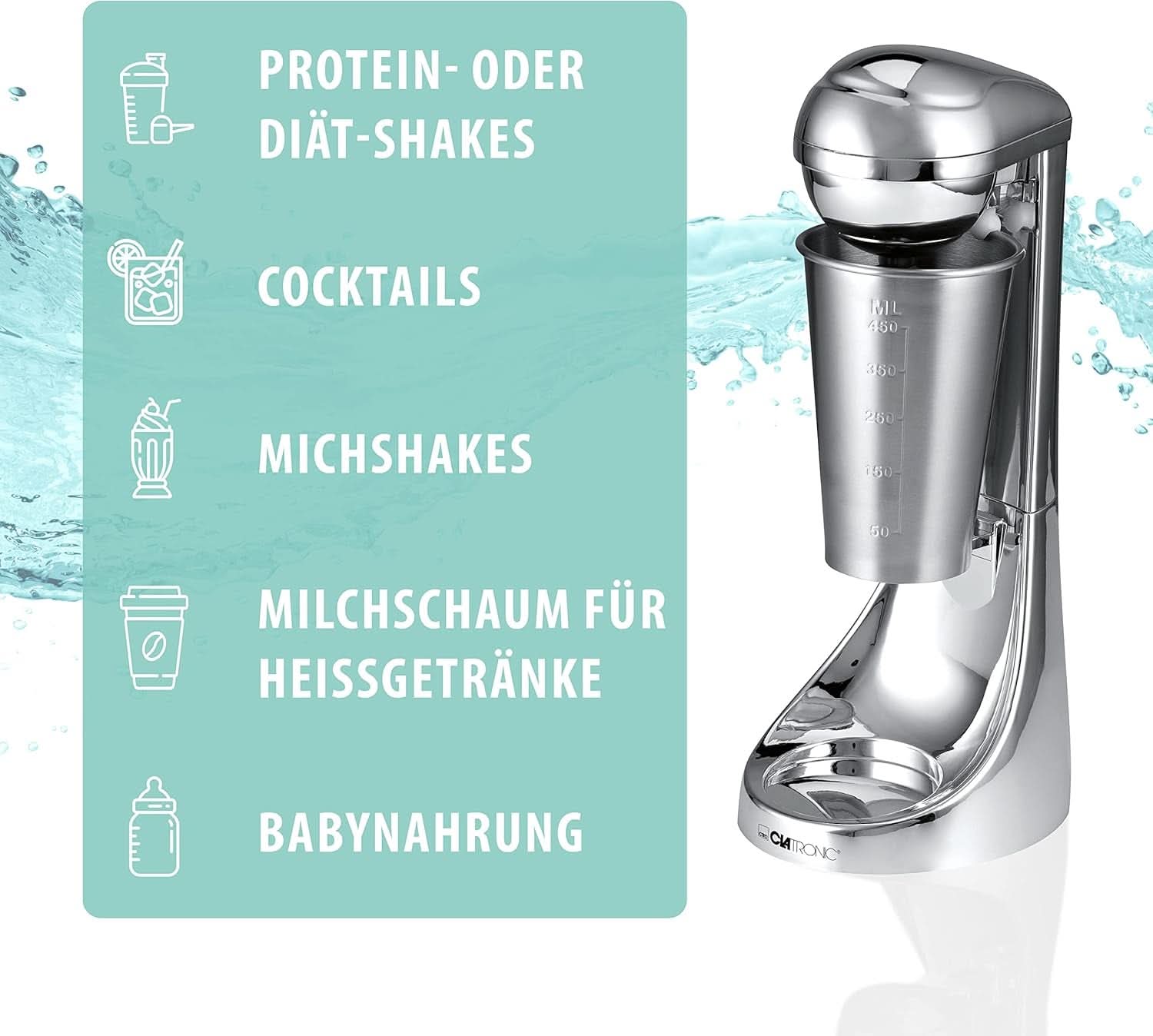 Clatronic® Barmixer U. Milchaufschäumer | Macchina per frullati | Contenitore in acciaio inox da 650 ml | Praktischer Becherhalter | Miscelatore | 2 Geschwindigkeitsstufen | Motore Kraftvoller da 65 Watt | Chromdesgin | BM 3472 Cucina Naty Shop
