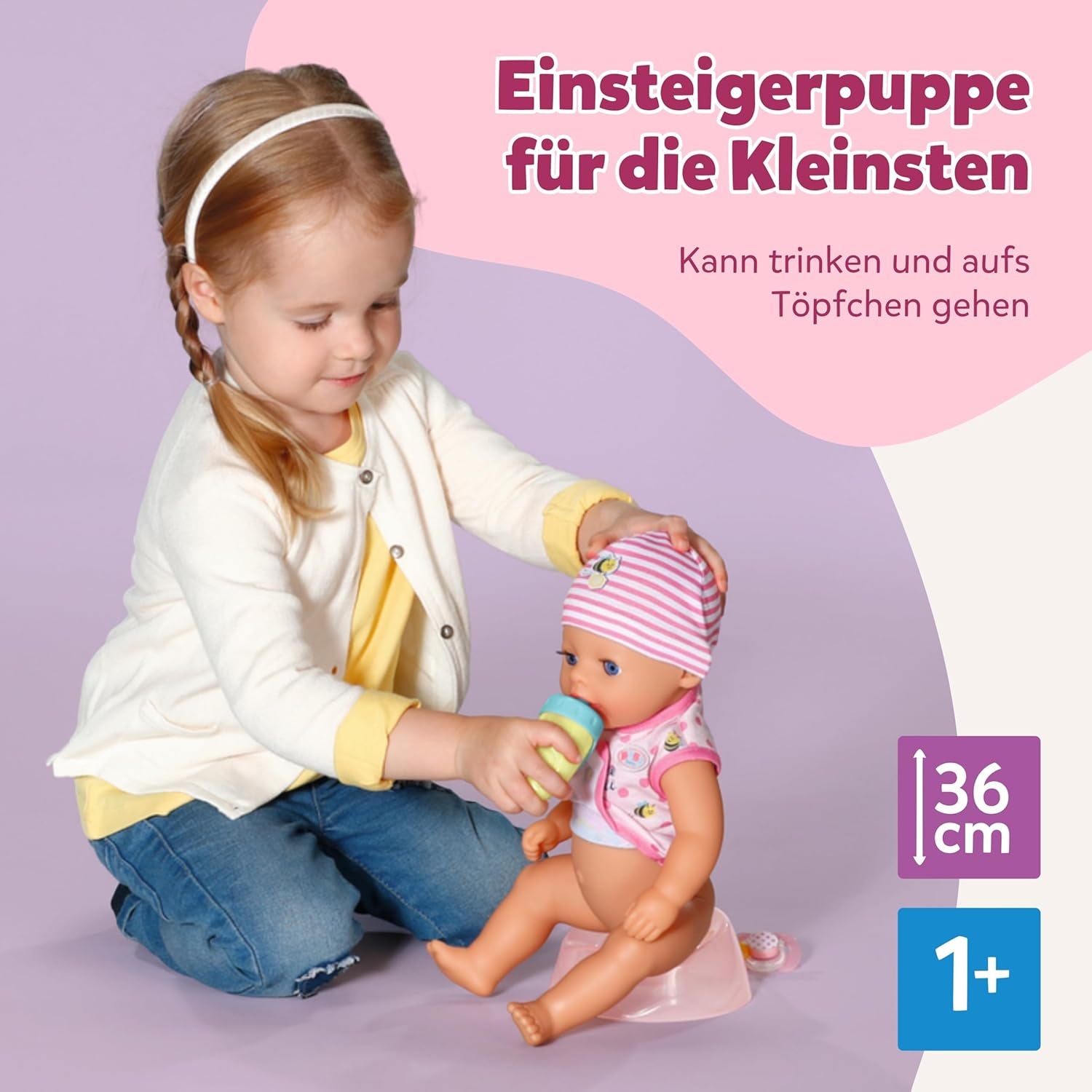 BABY Born Lena (Fetiță) - păpușă bebeluș 36 cm - 7 funcții, inclusiv accesorii și saltea - Funcționează complet fără baterii - Potrivită pentru copii mici de la 1 an