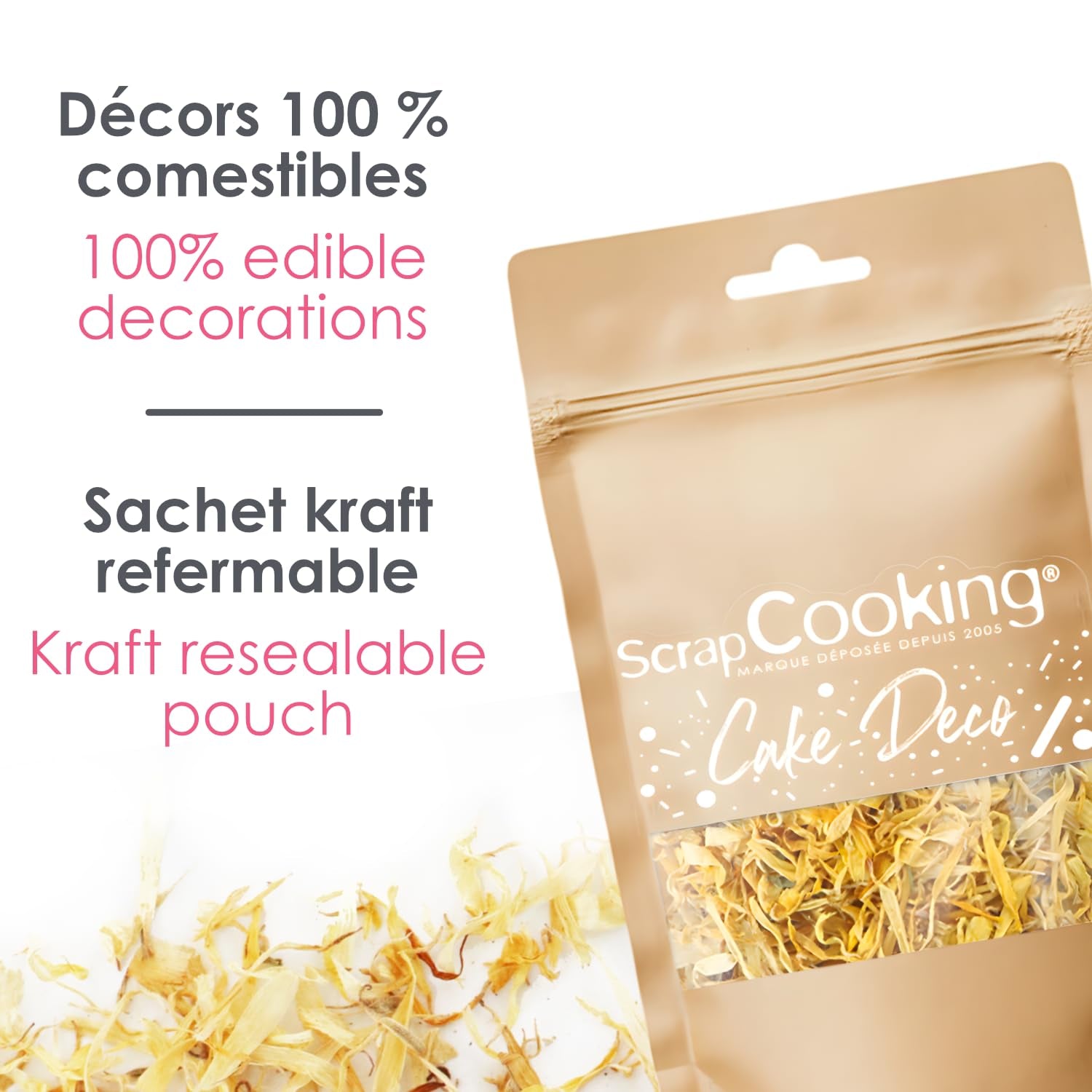 ScrapCooking - Calendule essiccate 3,5 g - Fiori commestibili - Decorazioni alimentari per dolci - Per dessert, torte, crostate, muffin - Natale, primavera, compleanno - Giallo dorato - 7471
