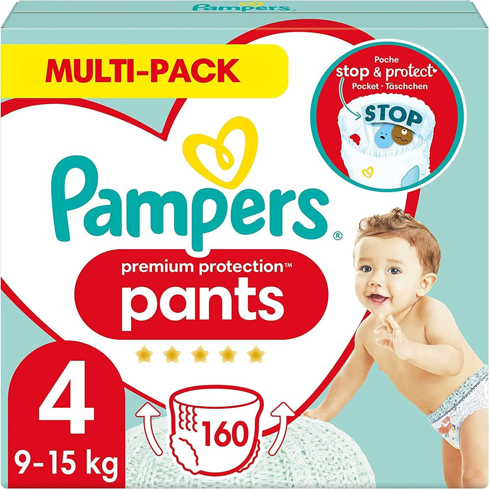 Pantaloni di protezione Premium Pampers taglia 7, 123 pannolini, 15 kg+, con regolazione a 360° e polsini morbidi anti-perdite per comfort e protezione ottimali