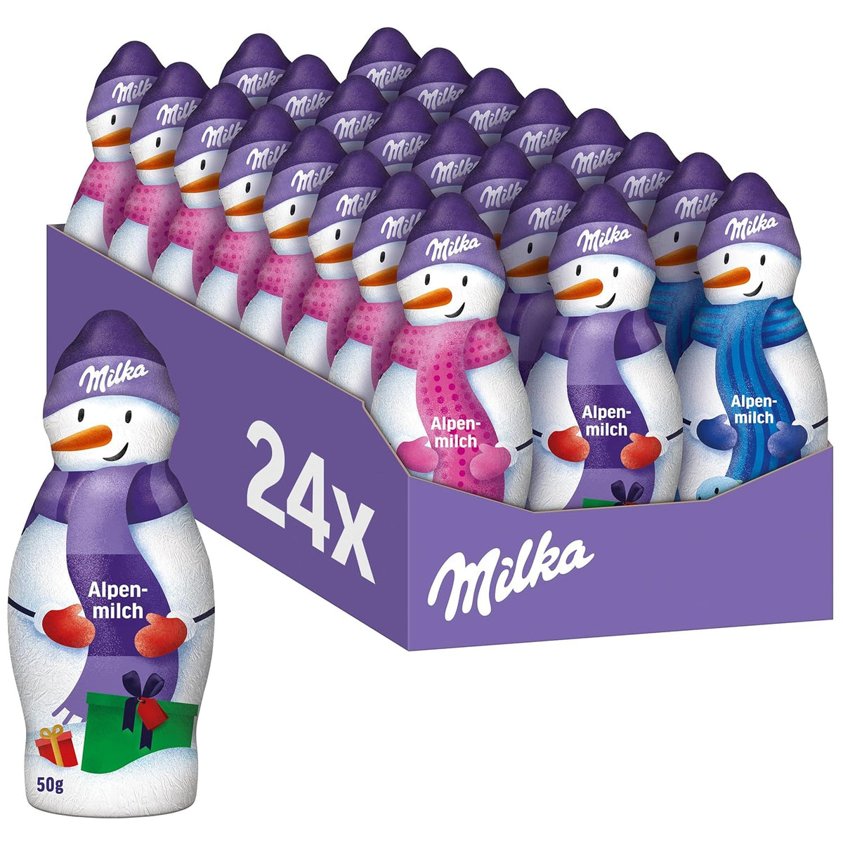 Milka Snowman Alpine Milk - Confezione grande di pupazzi di neve di cioccolato in 3 modelli - 24 x 50 g