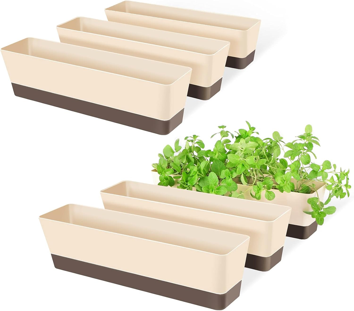 Set de 3 ghivece dreptunghiulare (40,6 × 9,7 cm) cu farfurioare – ghivece albe din plastic pentru ierburi, flori, legume – pentru balcon, grădină, pervaz, interior și exterior