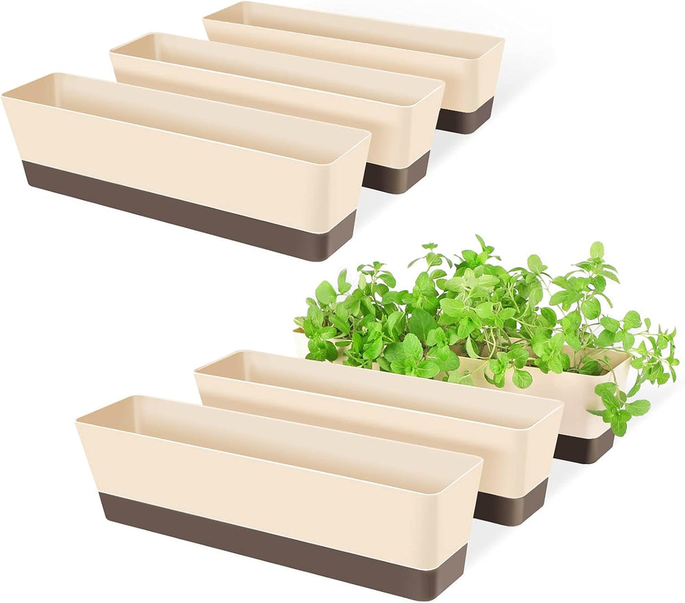 Set de 3 ghivece dreptunghiulare (40,6 × 9,7 cm) cu farfurioare – ghivece albe din plastic pentru ierburi, flori, legume – pentru balcon, grădină, pervaz, interior și exterior