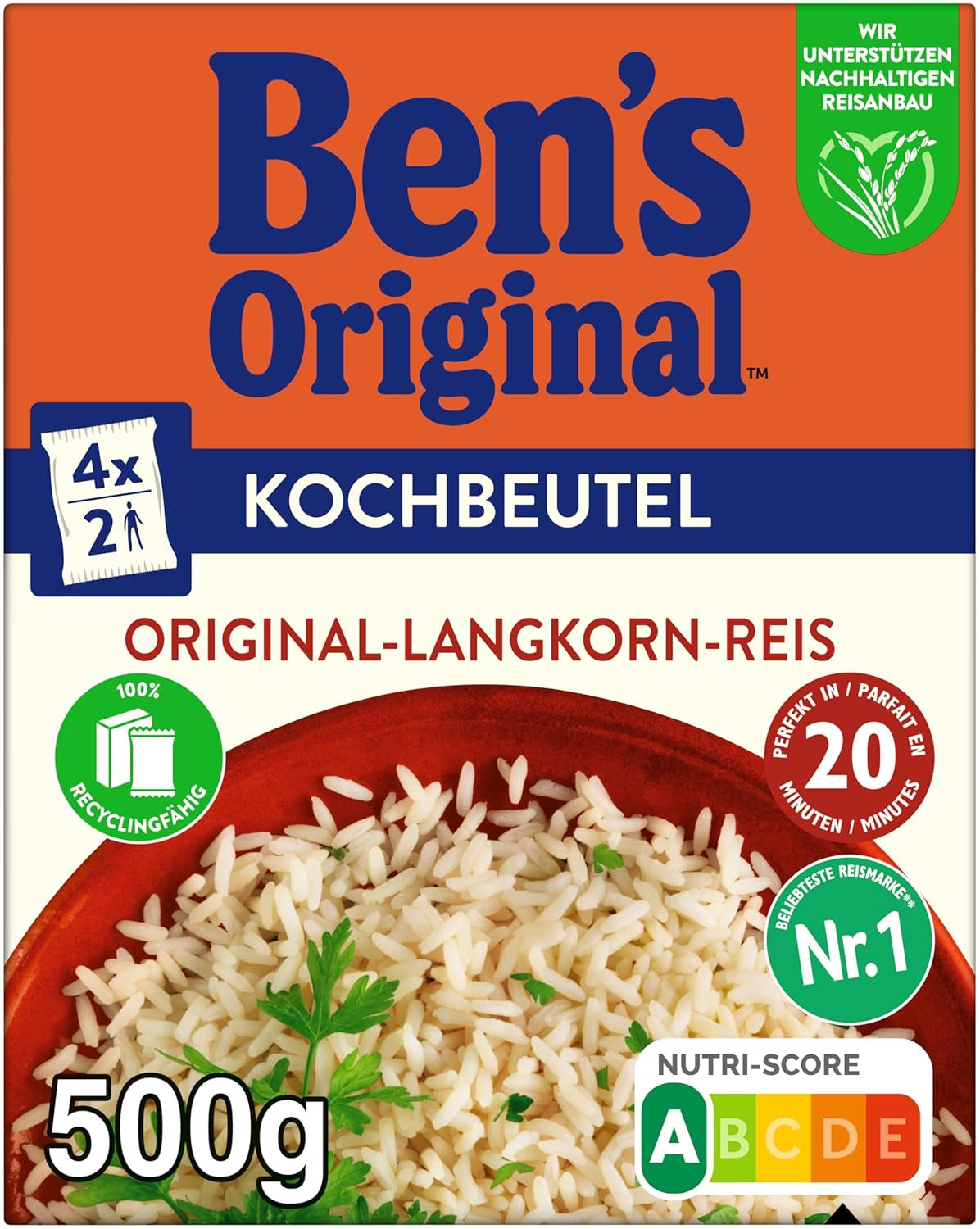 BEN'S ORIGINAL™ Riso a grani lunghi, cotto in busta, 9 x 500 g, 20 minuti