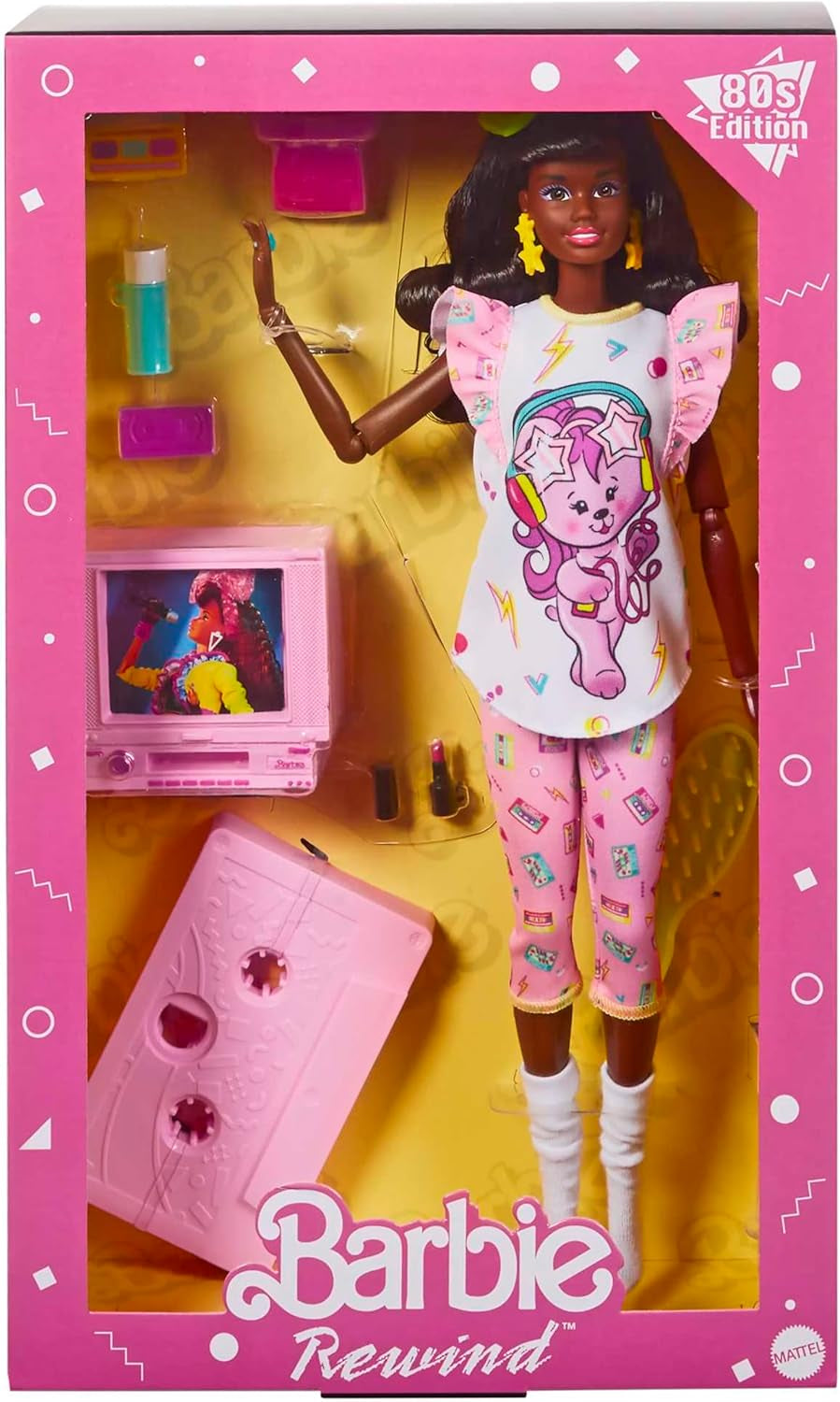 Barbie Rewind - Figurină de colecție nostalgică în stilul anilor '80, cu păr și ținută superbe, inclusiv televizor, popcorn și telefon, pentru fani și colecționari, HJX19
