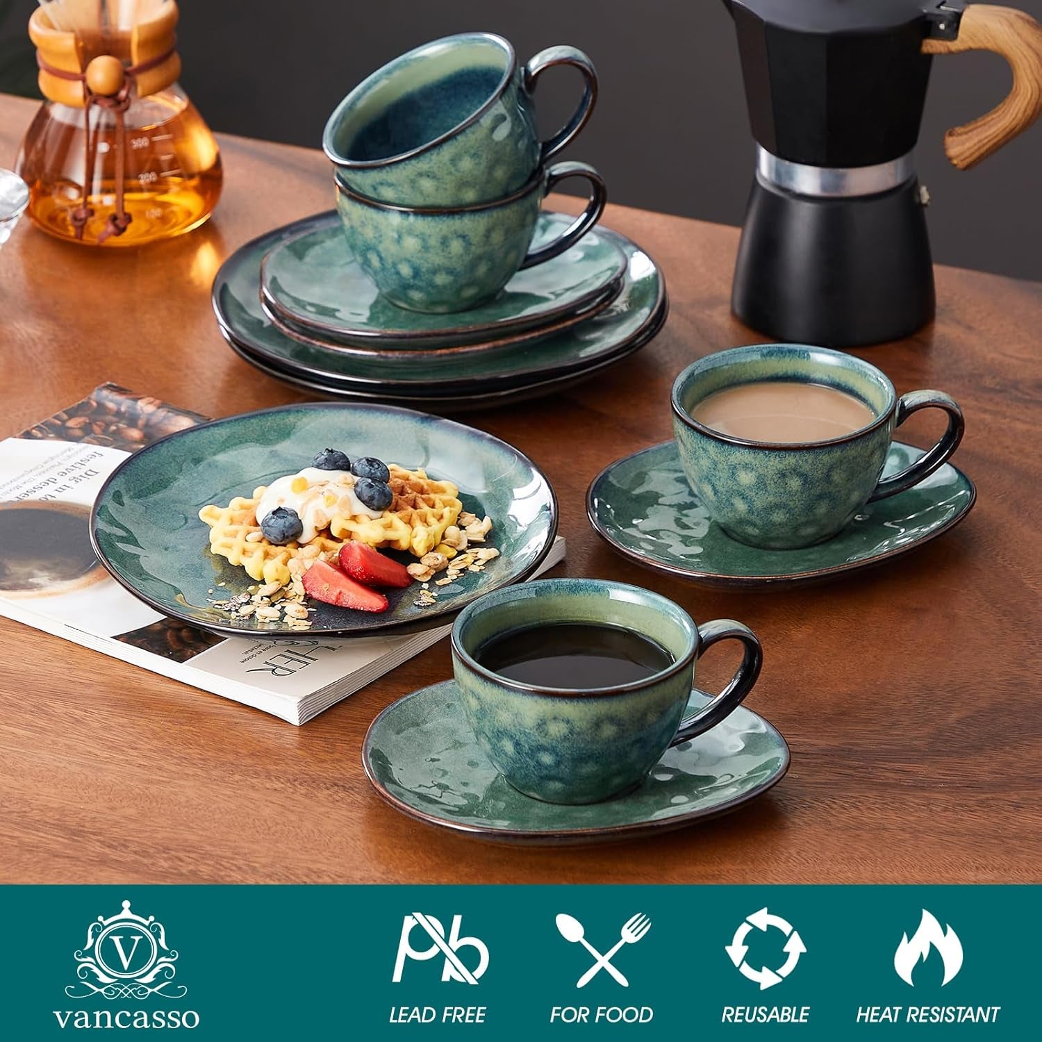 Serviciu de cafea Vancasso din gresie, set de cafea STARRY cu 12 piese pentru 4 persoane, include cești de cafea și farfurioare, aspect vintage