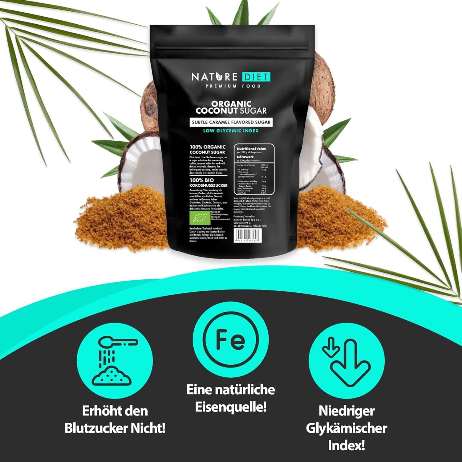 Zucchero di cocco biologico, gusto caramello, Dolcificanti da 1,5 Kg Naty Shop