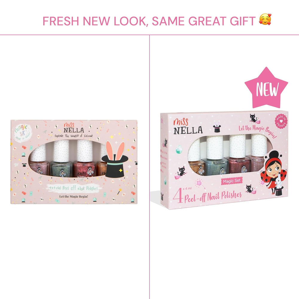 Set di smalti glitterati da 4 pezzi della collezione Miss Nella Magic: rosa, rosso, oro e blu, smalto rimovibile speciale per bambini, non tossico, a base d'acqua, inodore