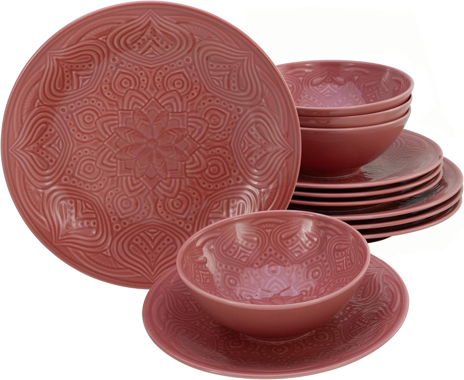 Creatable, 21627, Serie Orient Mandala, 18-Teiliges Geschirrset, Teller Set Aus Porzellan, Spülmaschinen- Und Mikrowellengeeignet, Made in Europe Seturi vesela masa Naty Shop Rot Teller Set 12 Teilig