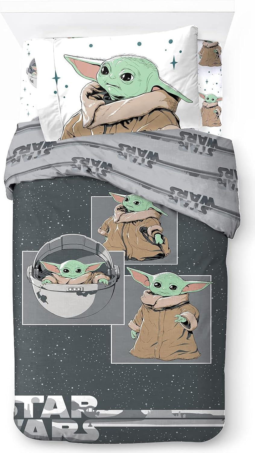 Biancheria letto per bambini, unisex, principesse e supereroi, 100% cotone Biancheria letto - bambini Naty Shop Grigio - Mandalorian 135X200/50X70 (3 Pezzi)