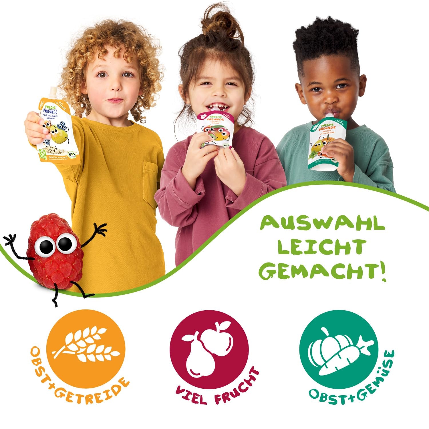 FRECHE FREUNDE sacchetto di frutta biologica banana, mela, lampone, mirtillo con avena, purea di frutta con cereali in sacchetto comprimibile per bambini a partire da 6 mesi, vegano, confezione da 6 (6 x 100 g)