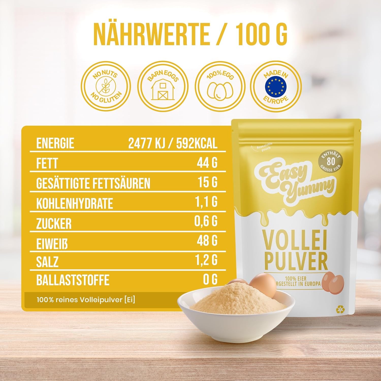 EASY YUMMY - Vollei-Eipulver (1000g = 80 Eier) aus Regionalen Niederländischen Freiland-Eiern | mito 1-Ei-Messlöffel | Wiederverschließbarer Beutel, lange Haltbarkeit | Rührei, Kochen, Backen | 100% loro
