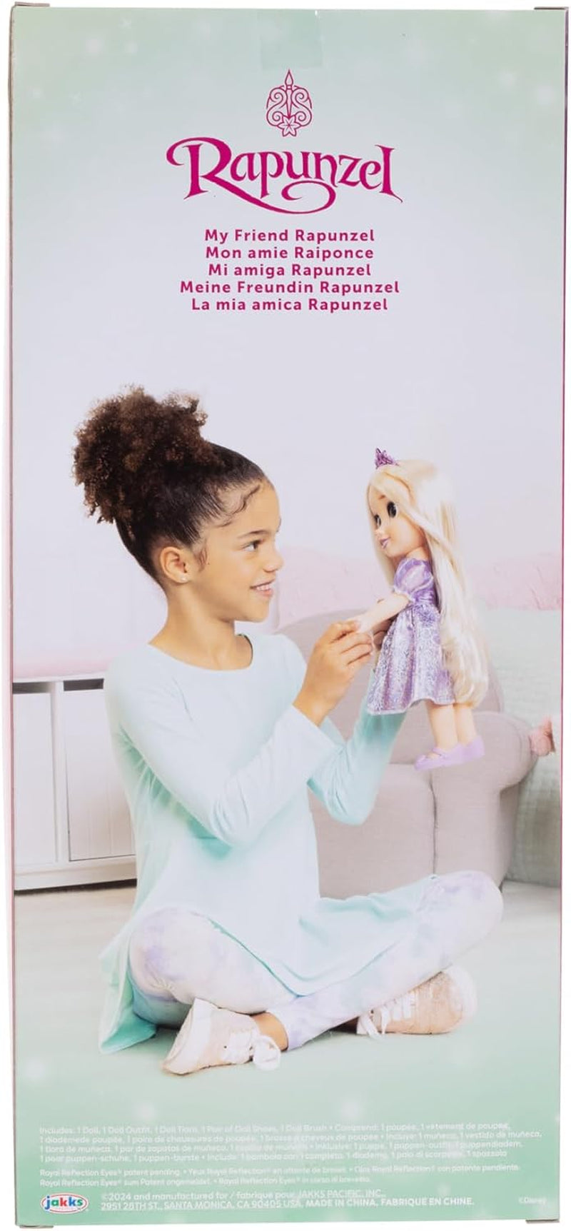 Păpușă Disney Prințesa Rapunzel 35 cm, ochi reflectorizanți cu sclipici, articulații mobile, rochie detașabilă, pantofi, coroană, păr lung și blond, pentru fete cu vârsta de 3 ani și peste