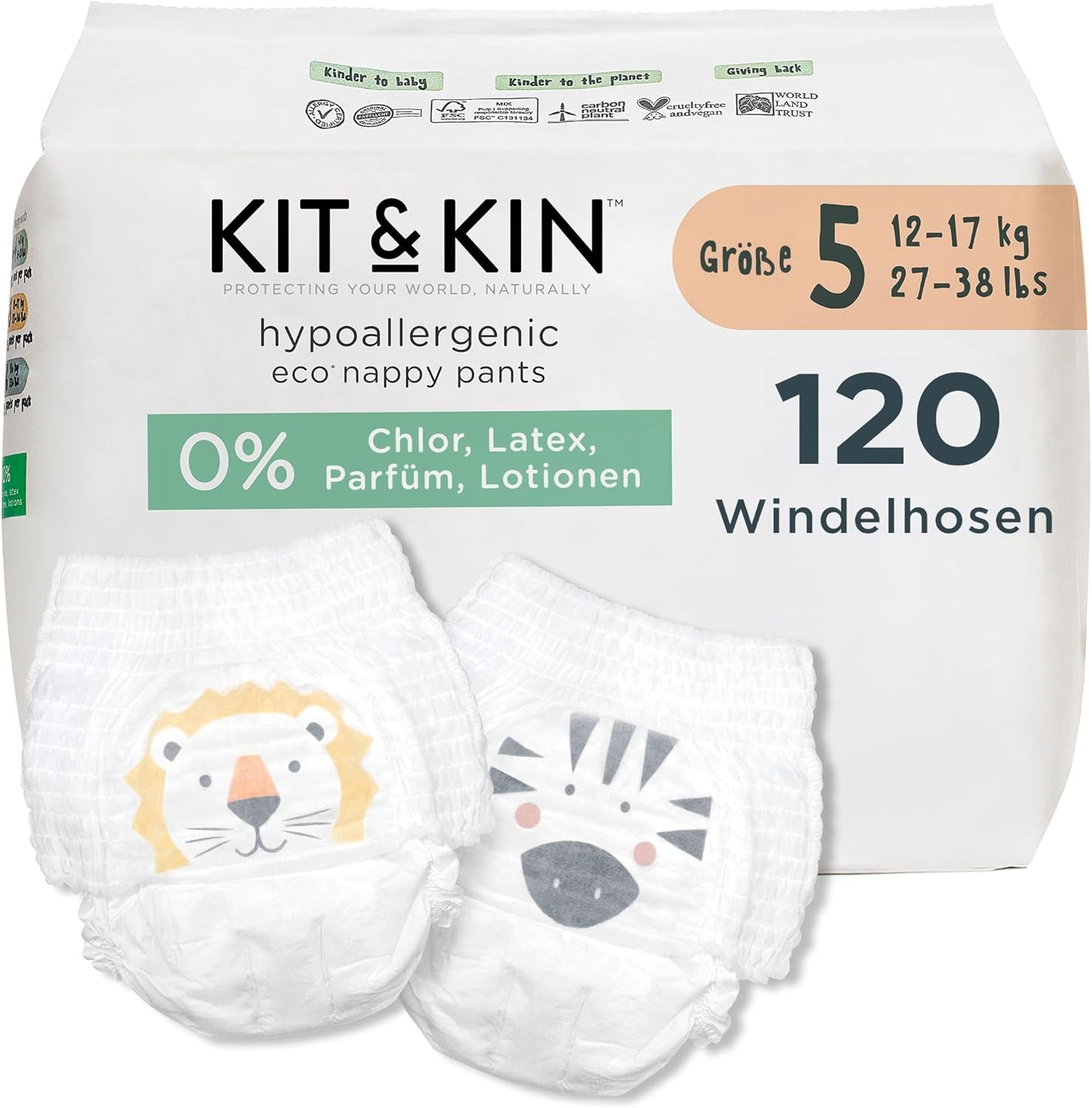 Kit & Kin Pannolini ecologici Premium, taglia 4 (9-16 kg), 132 pannolini, a base vegetale e ipoallergenici, protezione affidabile dalle perdite, vegani e cruelty free