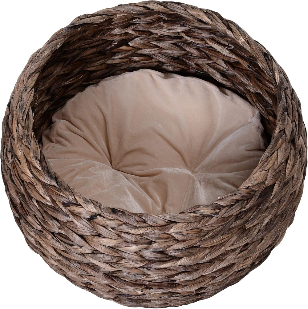 PawHut Rattan Katzenkorb Katzenhöhle Katzenhütte Katzenbett mit Kissen Haustierbett Wasserhyazinthe Kaffee 50 x 42 x 60 cm