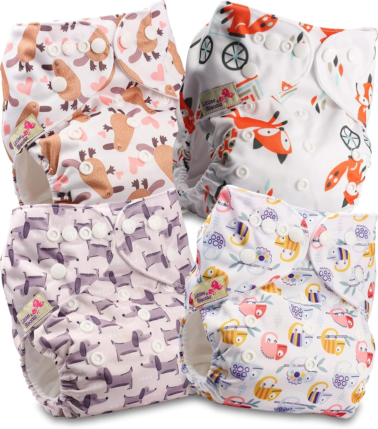 Littles and Bloomz FLP2-0406 Pannolino riutilizzabile con clip standard, 4 pannolini