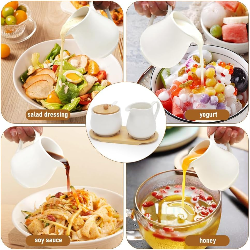 Milch und Zucker Set mit Deckel und Löffel, 5-teilig Keramik Milchkännchen und Zuckerdose mit Holz Tablet,Milch- & Zuckerbehälter für Küche Kaffee Mikrowellen- und Spülmaschinenfest (Weiß)