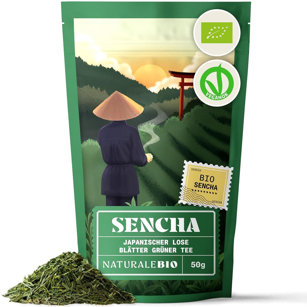 Naturalebio Ceai japonez Sencha – 200 g Ceai verde organic – 100% ceai verde Sencha pur și natural - vrac în frunze din prima recoltă – produs organic cultivat în Japonia