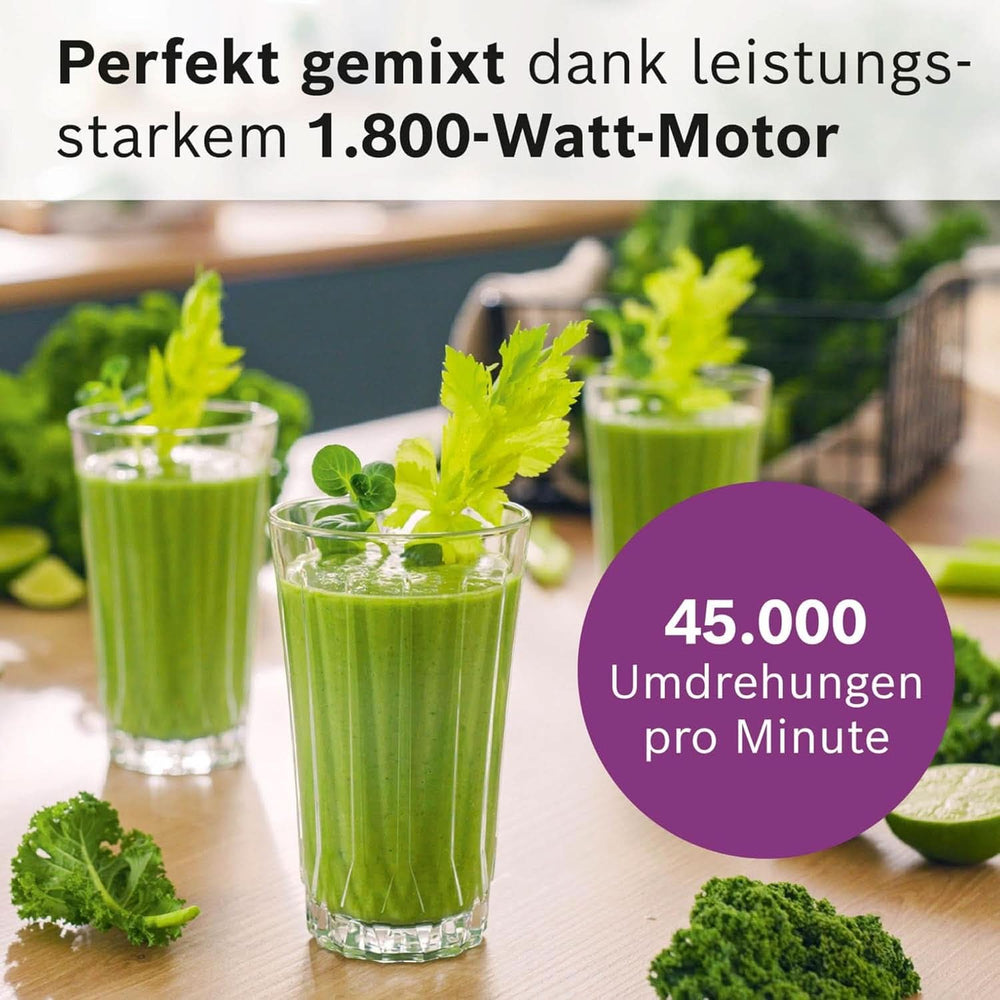 Robot da cucina ad alta velocità Vitapower Serie 6 MMBD665B1, 45.000 giri/min, 6 programmi Inkl Heiße Suppe & Reinigung, 2 L Mixbehälter, Stopfer, Spülmaschinenfeste Teile, Made in Europe, 1800W, Schwarz Kitchen Naty Shop