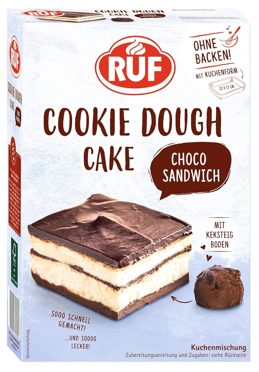 RUF Cookie Dough Cake Ohne Backen, Tortenboden Aus Keksteig Mit Frischkäse-Creme Und Schokoladenstückchen, Inkl. Kuchenform, 1X325G Miscela per cuocere e cucinare Naty Shop 320 G (1Er Pack) Panino con pasta per biscotti