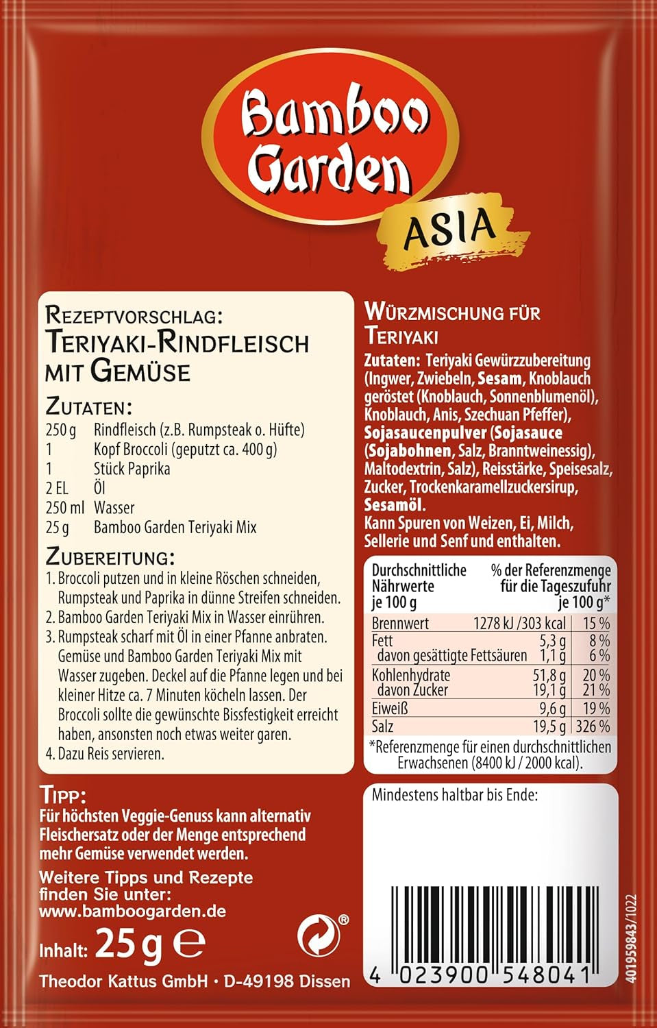 Bamboo Garden - Miscela di condimenti per Teriyaki, Gewürzmischung für Teriyaki, Für 4 Portionen, Ohne Geschmackverstärker und Konservierungsstoffe, 1 x 25 g (Verpackungsdesign kann abweichen)