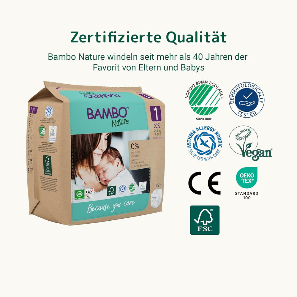 Pannolini per bambini Bambo Nature, taglia 1 (2-4 kg), confezione mensile da 132 pezzi | Pannolini Premium con protezione dalle perdite migliorata | Massimo comfort e libertà per i neonati | Pannolini dermatologicamente testati