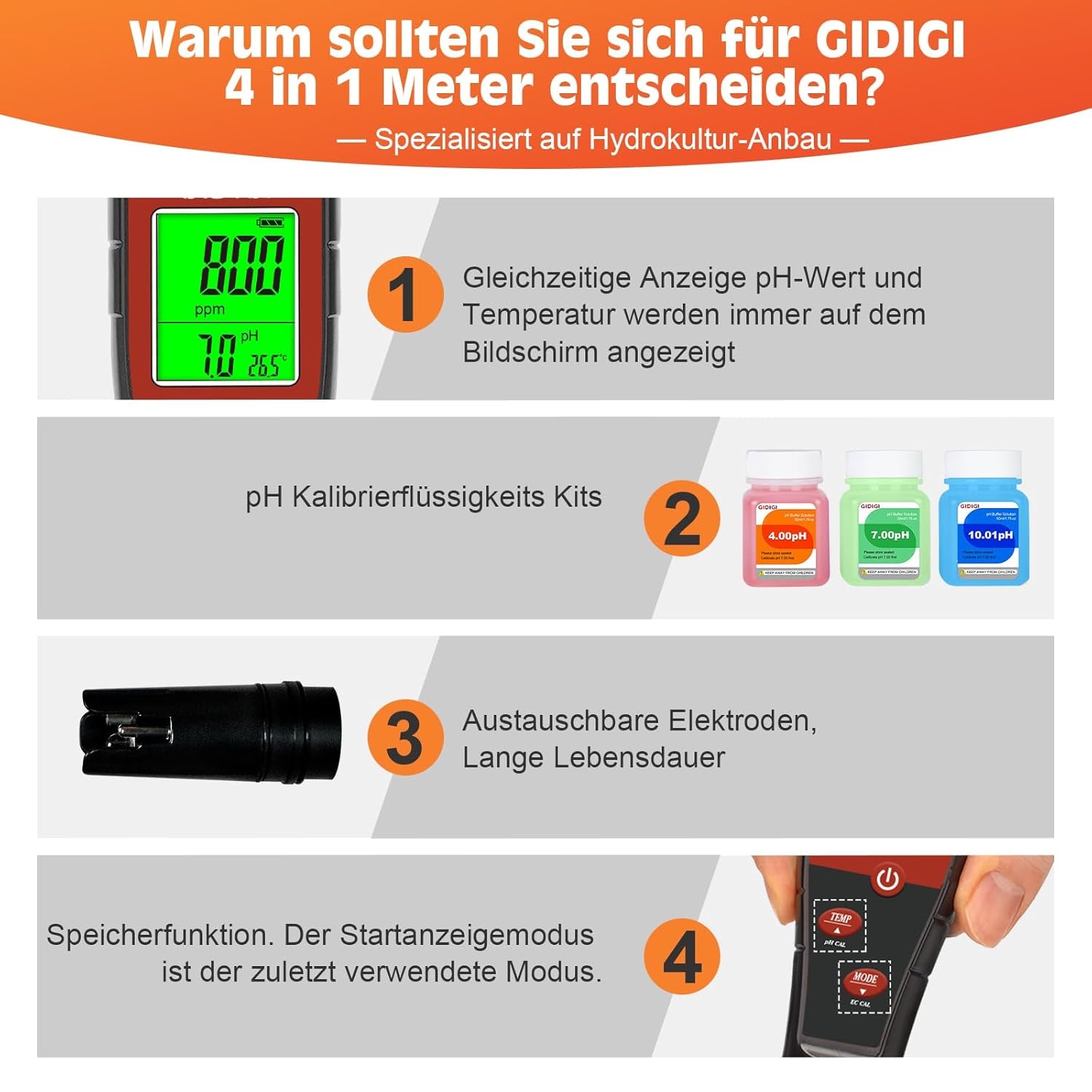 pHmetro per acqua idroponica, tester digitale per pH dell'acqua, tester TDS, test EC PPM per nutrienti vegetali, conducibilità 4 in 1, penna pH per acqua potabile, DWC, piante d'appartamento