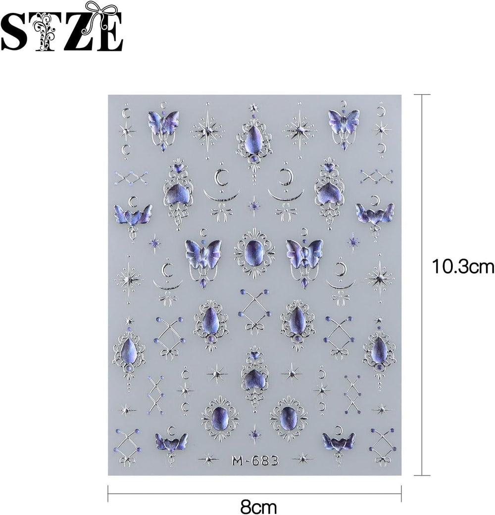 JMEOWIO 3D Nagelsticker Blauer Nail Art Sticker Selbstklebend Nagelaufkleber 5D Stereoskopisch Mondstern Dekoration Nageldesign Zubehör 1 Blatt