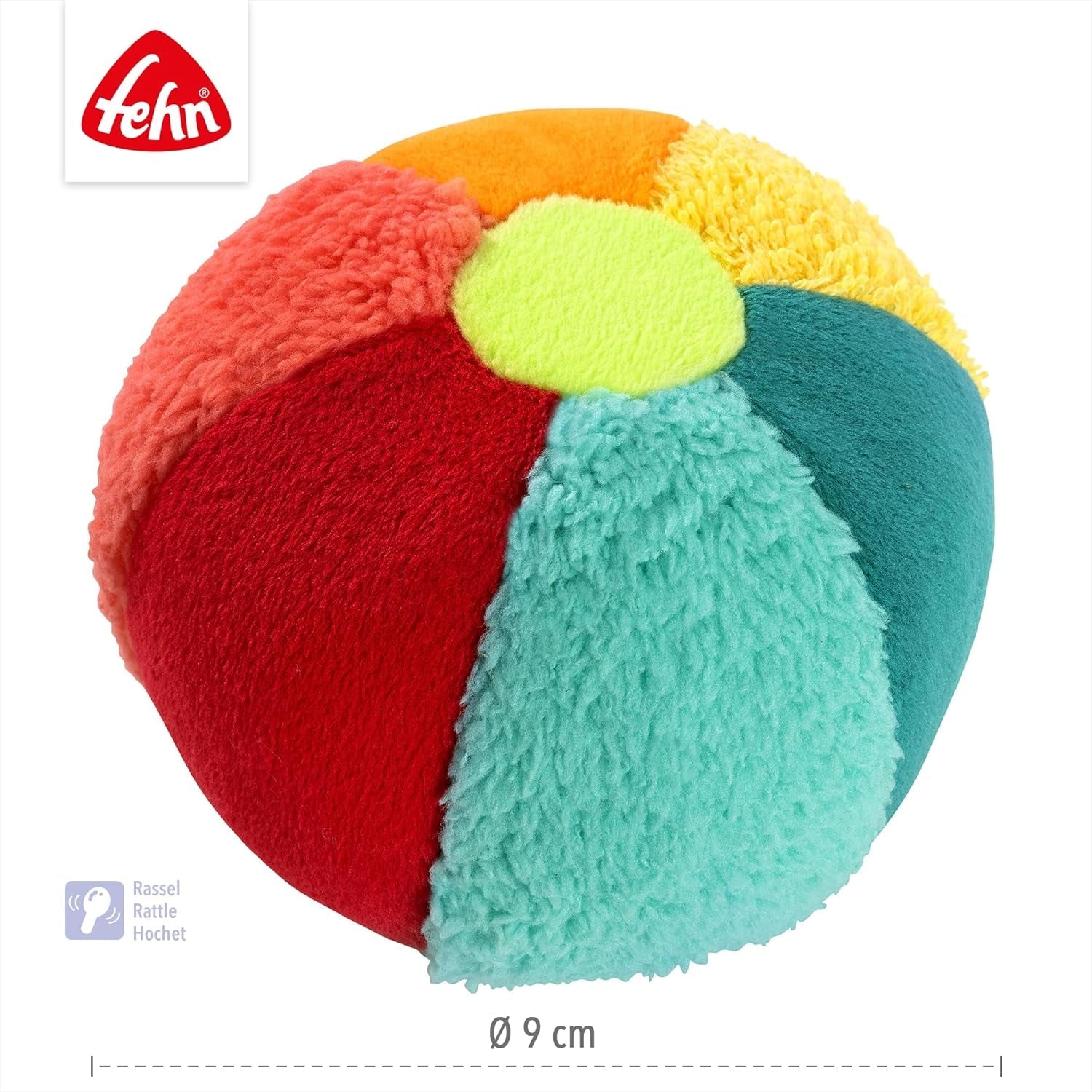 Fehn Rattle Ball colorată - minge de prindere cu amestec de materiale și zornăitor pentru aruncare, prindere, rostogolire - minge de prindere pentru promovarea abilităților motorii - minge din material textil pentru bebeluși și copii mici de la 0+ luni Jucarii Bebe Naty Shop