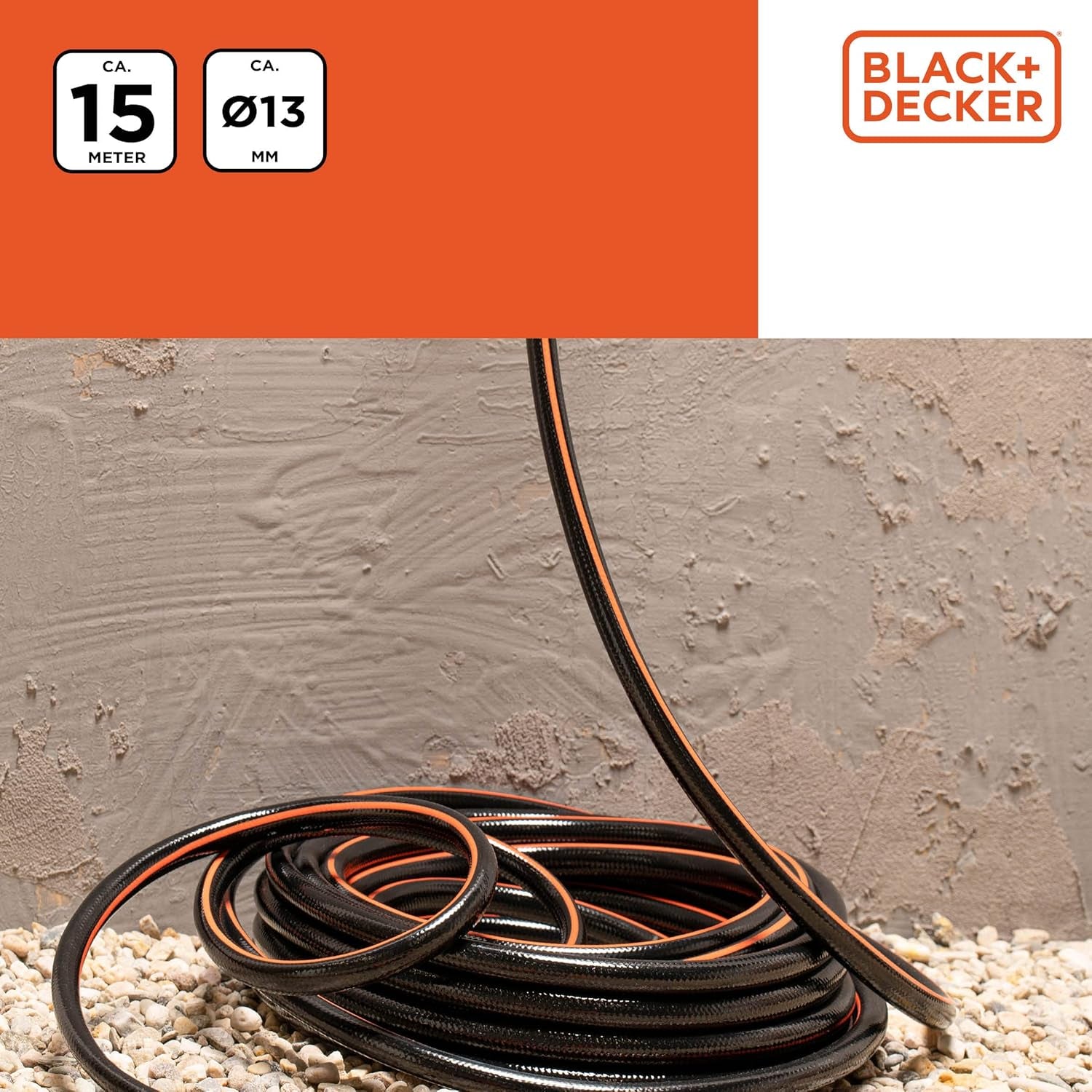 Furtun de grădină BLACK+DECKER 15 metri - Ø13MM - PVC durabil - Udarea grădinii, spălarea mașinii, umplerea piscinei - Compatibil cu orice robinet standard - Negru/Portocaliu