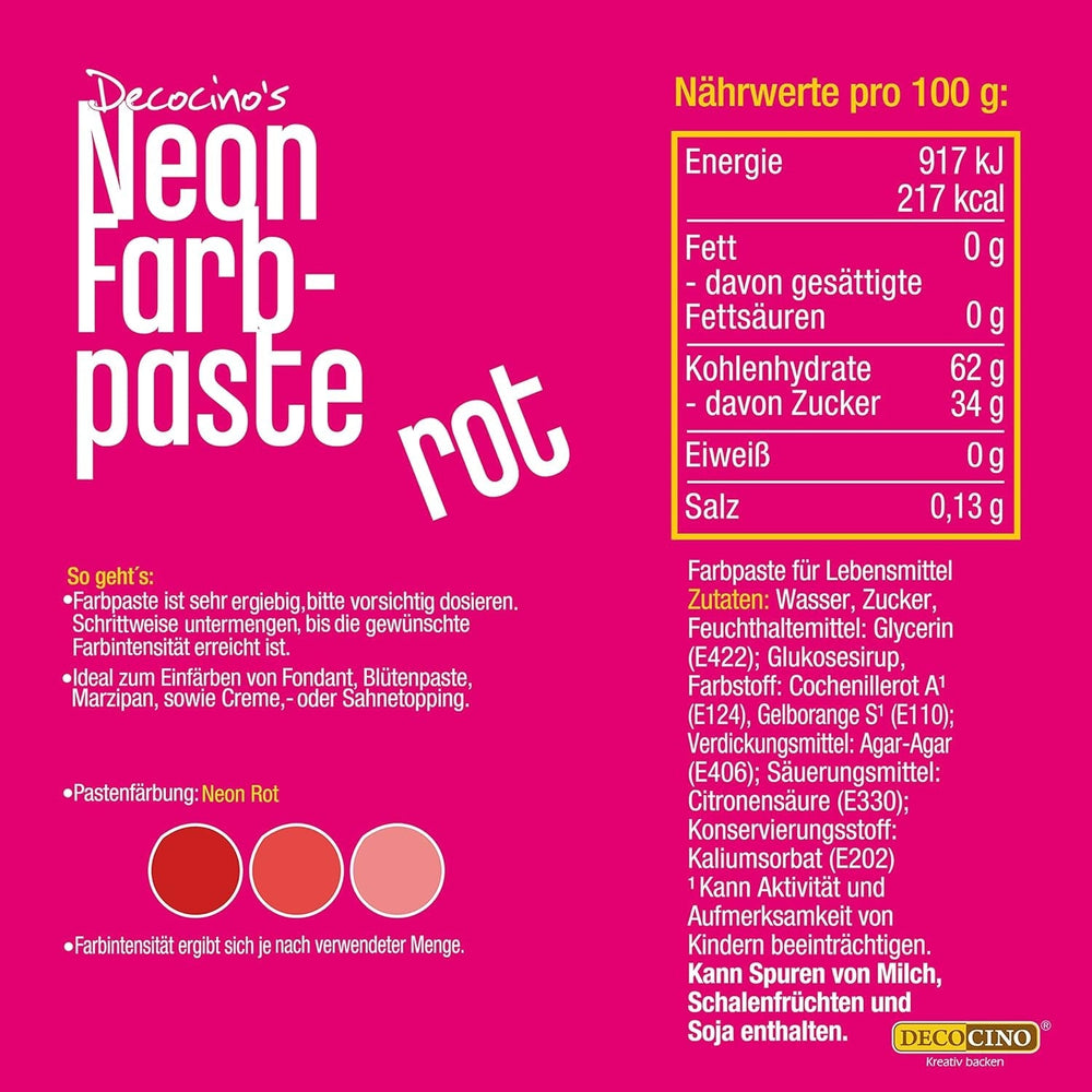 Decocino Neon Food Paste Red – Colorant alimentar cu doză mare – Pentru colorarea prăjiturilor, brioșelor, cupcake-urilor – Fără gust
