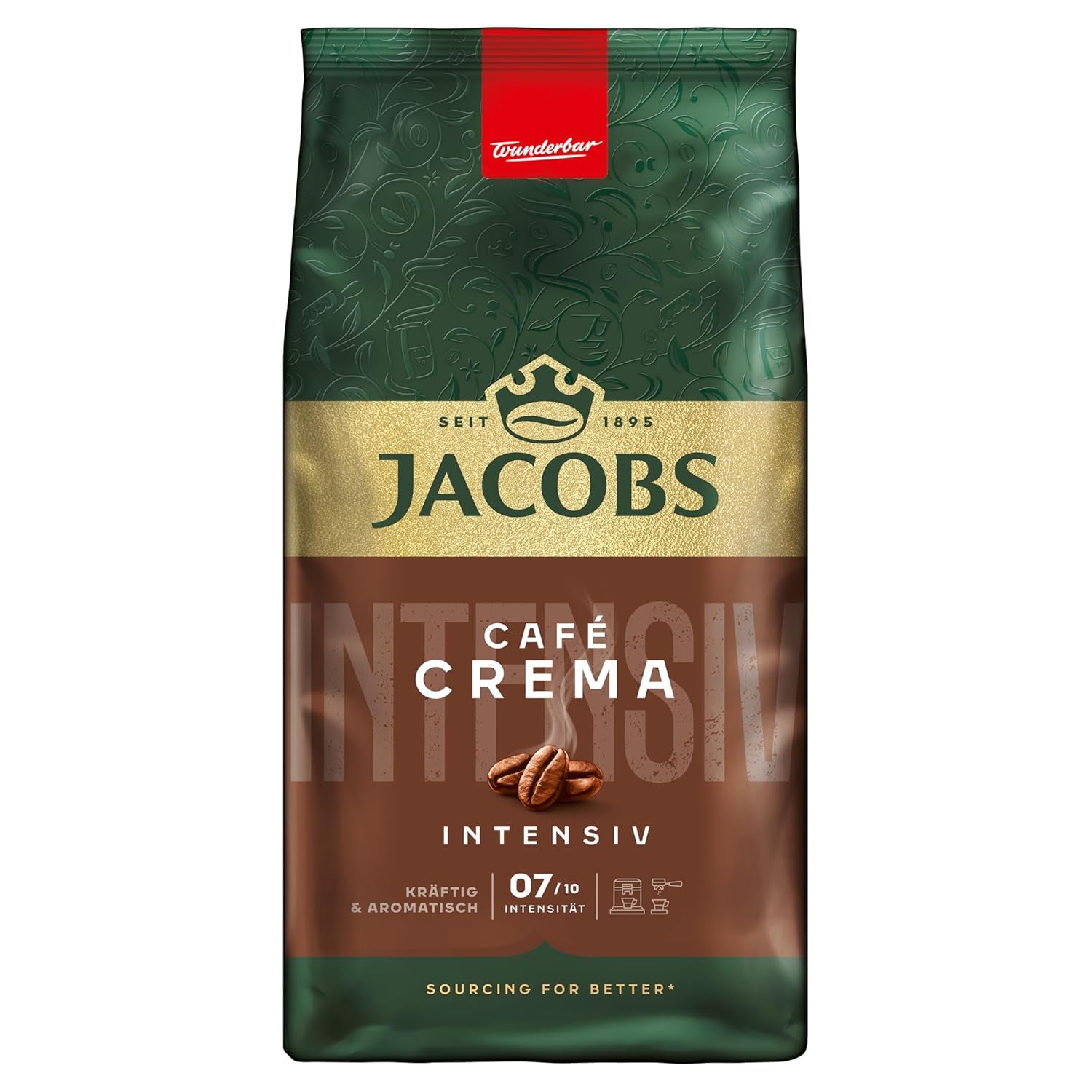 Jacobs Café Crema Gold Kaffeebohnen 1Kg – Vollmundig, Aromatisch, Fruchtige Notes, Arabica & Robusta Bohnen, Intensità 5/10, Ideale per Café Crema Naty Shop Café Crema Intensiv 1 Kg