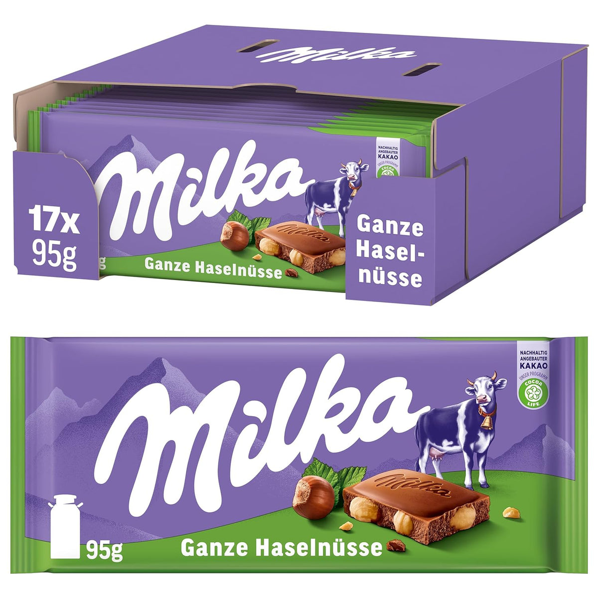 Milka Alpine Cioccolato al latte con nocciole intere - Cioccolato con noci croccanti - 17 x 95g