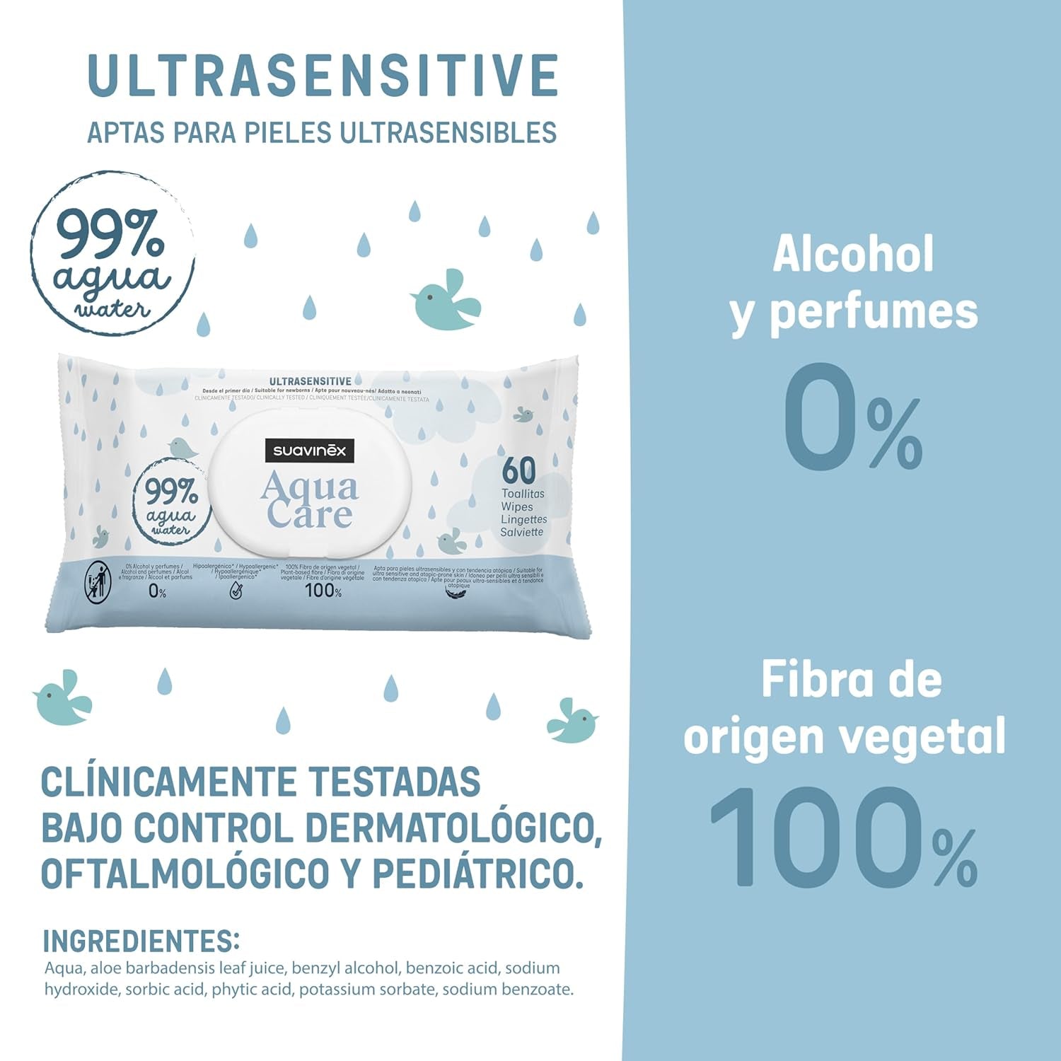 Suavinex Aqua Care Baby Salviettine umidificate 60 salviette detergenti 99% fibre vegetali acquatiche Aloe Vera Senza profumo Senza alcool Dermatologicamente testato Adatto per pelli sensibili