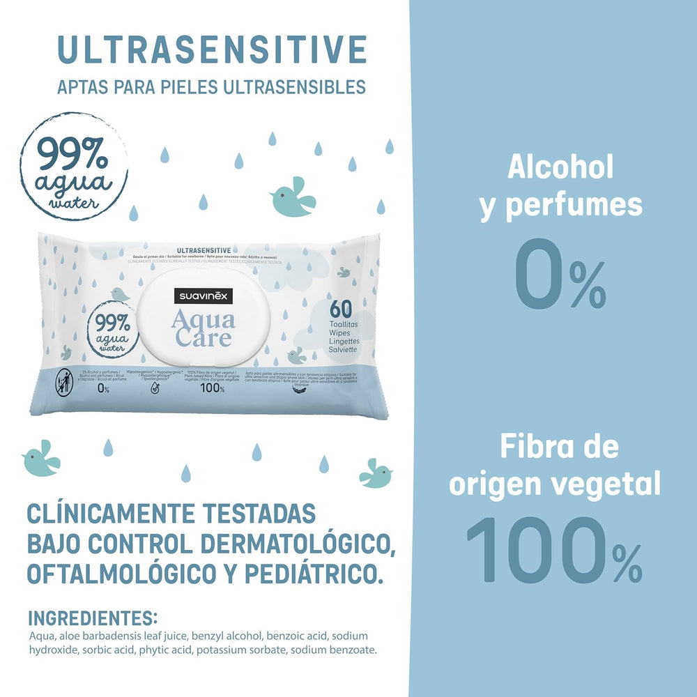 Suavinex Aqua Care Baby Salviettine umidificate 60 salviette detergenti 99% fibre vegetali acquatiche Aloe Vera Senza profumo Senza alcool Dermatologicamente testato Adatto per pelli sensibili