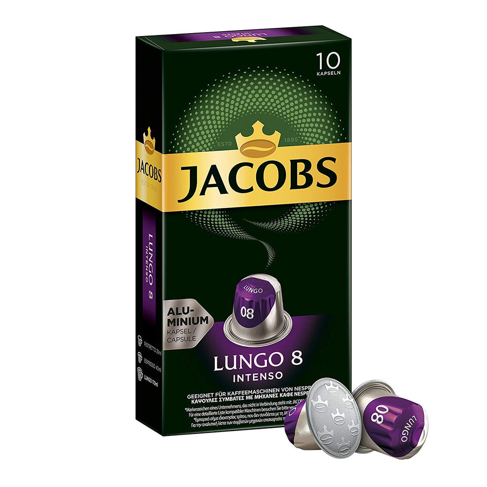 Jacobs Kapseln Lungo Intenso, Intensität 8 & Kapseln Lungo Classico, Intensität 6, 100 Nespresso®* kompatible Kaffeekapseln, 10er Pack, 10 x 10 Getränke