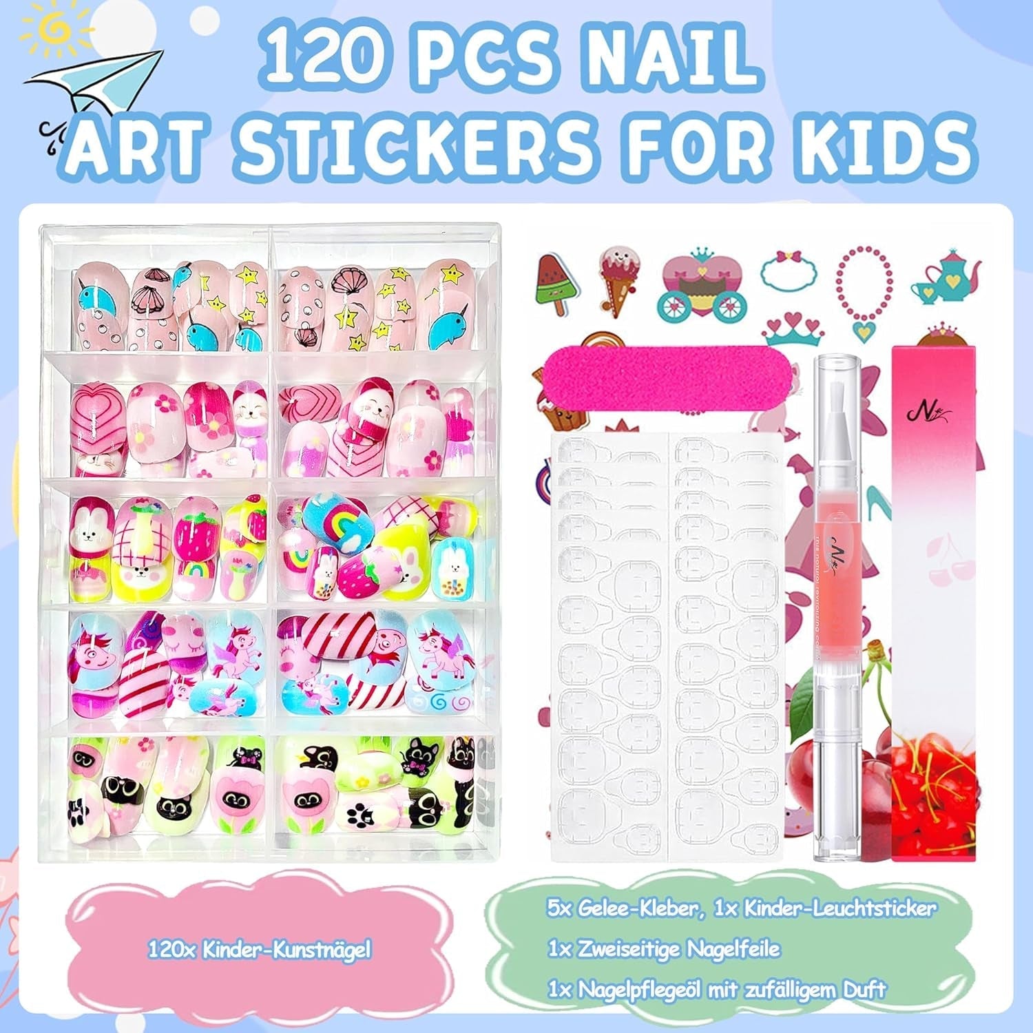 Set de unghii false - 120 de bucăți de unghii autoadezive pentru copii cu lipici de unghii, set de unghii artificiale autoadezive cu acoperire completă, unghii false pentru fete cu mâini mici (colorat A, 120X)