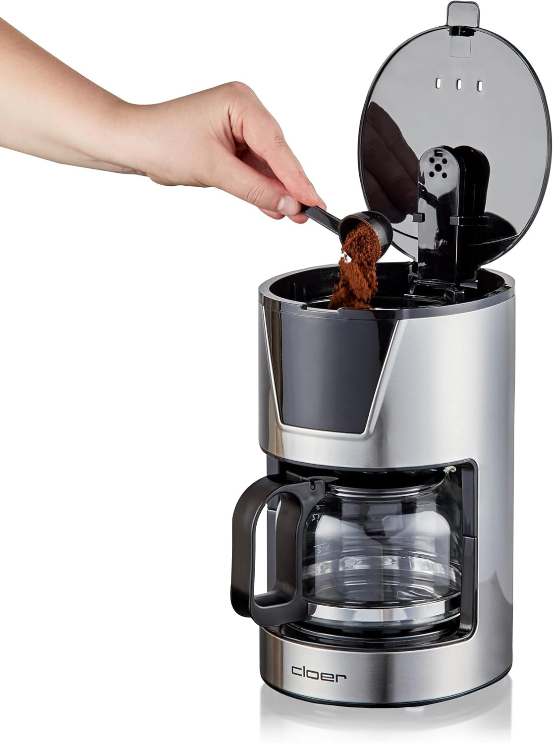 Espressor cu filtru Cloer pentru 6 cești, funcție delicată de menținere la cald, carafă din sticlă, lingură de măsurat, indicator al nivelului apei, sistem anti-picurare, oprire automată, dimensiune filtru 1x2, 550 W, oțel inoxidabil
